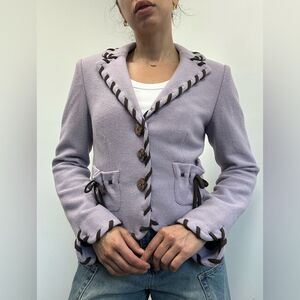 Kay Unger Mauve Purple Wool Silk Knit Blazer Twee Floral Buttons Size 8